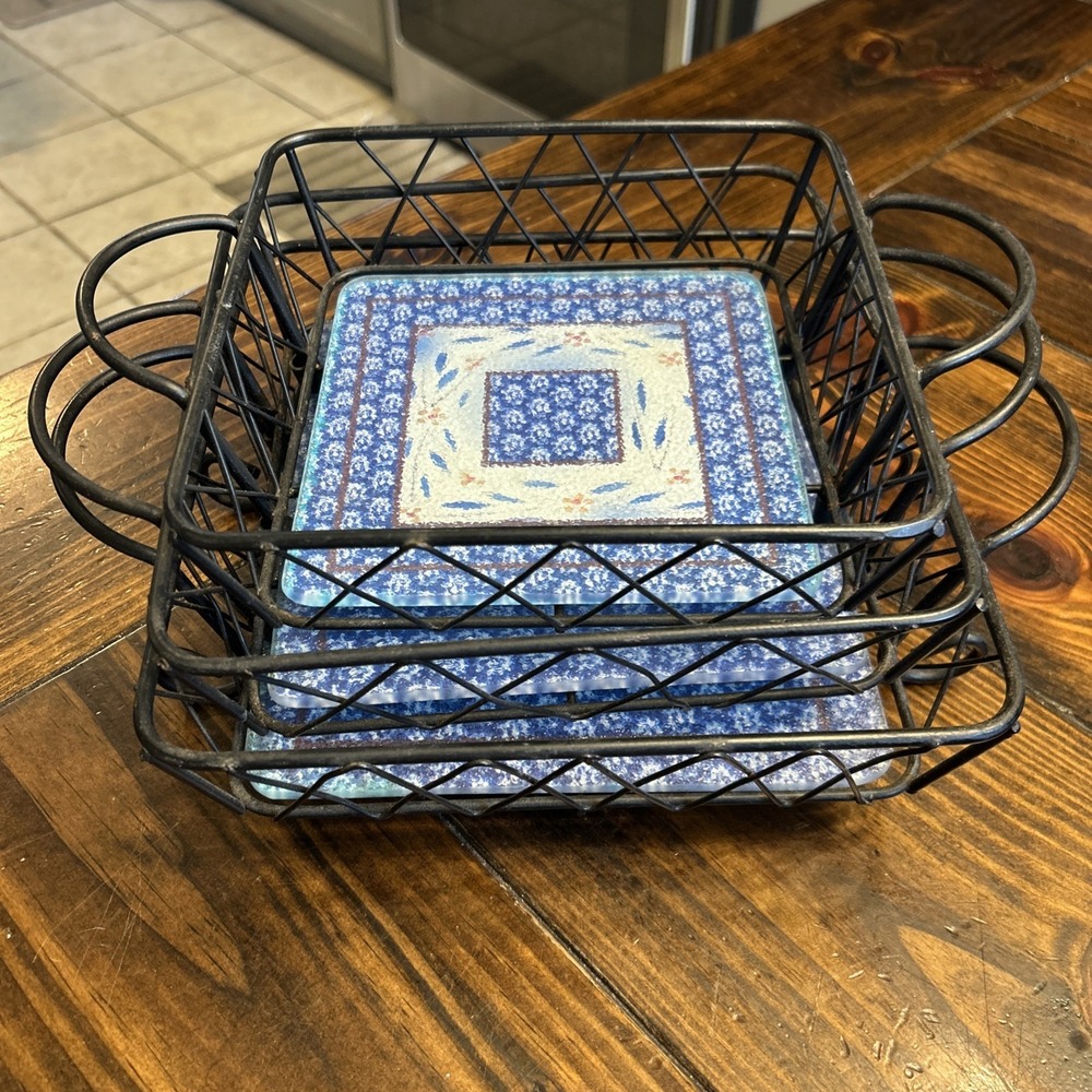 TempTations‎ by Tara Old World Square Wire Racks w/ Glass Trivets 6 pc Set Blue